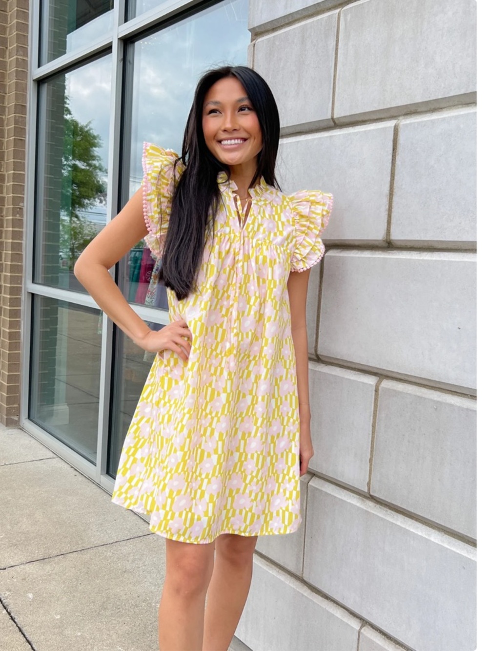 THML Pink and Yellow Ruffle-Sleeve Shift Dress